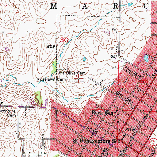 Topographic Map of Roselawn Cemetery, MO