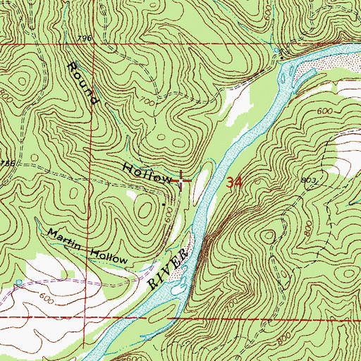 Topographic Map of Round Hollow, MO