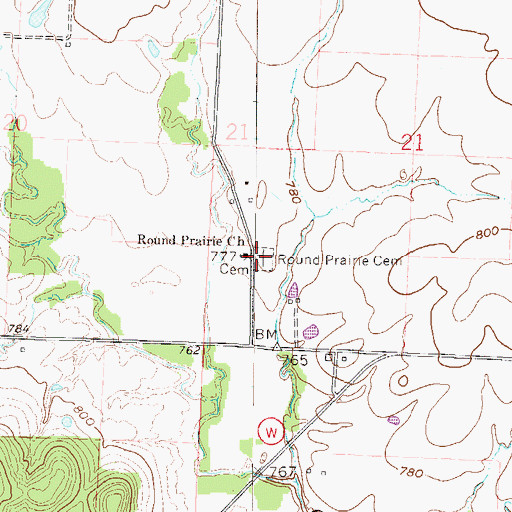 Topographic Map of Round Prairie Cemetery, MO