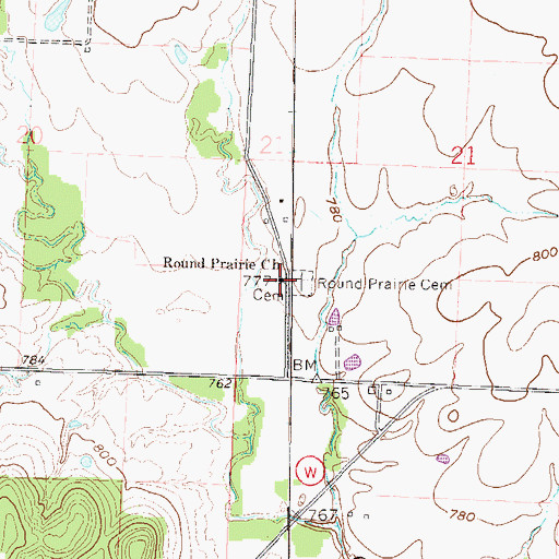 Topographic Map of Round Prairie Church, MO