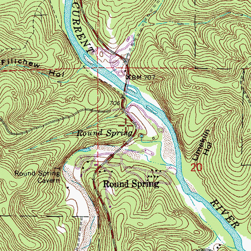 Topographic Map of Round Spring State Park (historical), MO