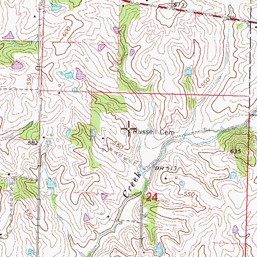 Topographic Map of Russell Cemetery, MO