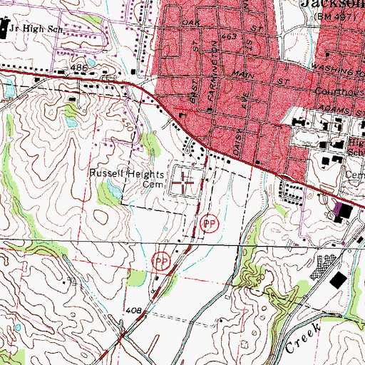 Topographic Map of Russell Heights Cemetery, MO