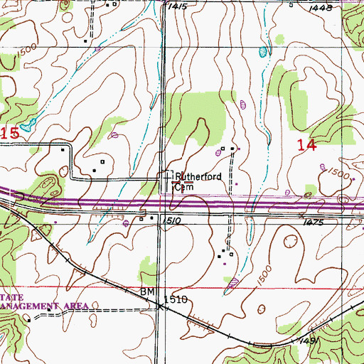 Topographic Map of Rutherford Cemetery, MO