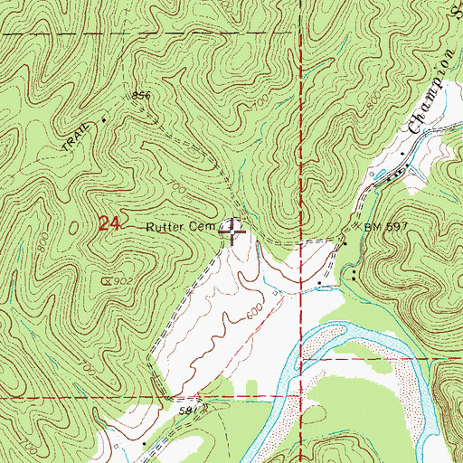 Topographic Map of Rutter Cemetery, MO