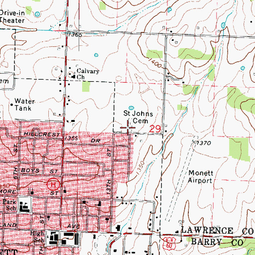Topographic Map of Saint Johns Cemetery, MO