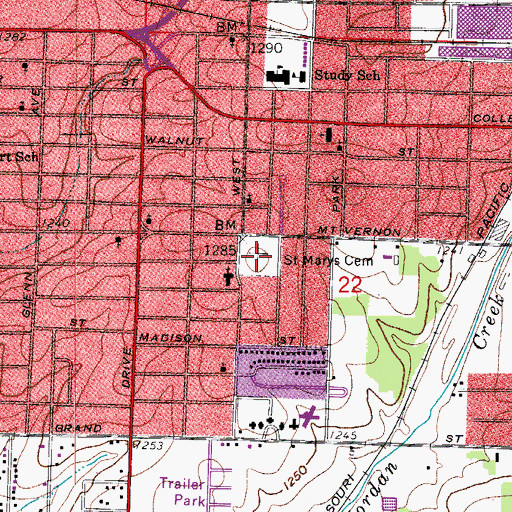Topographic Map of Saint Marys Cemetery, MO