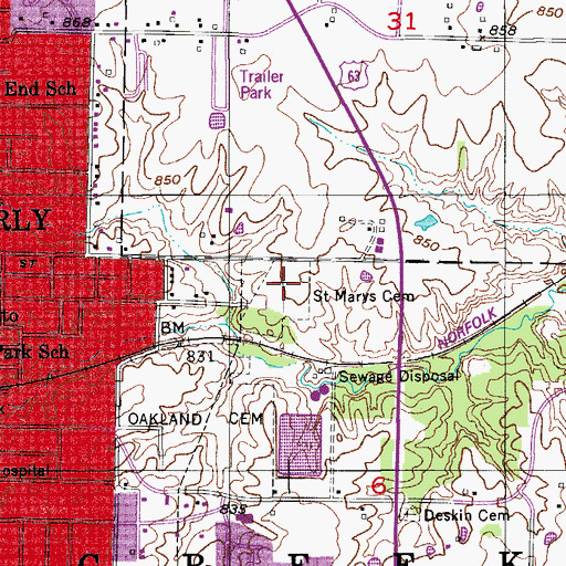 Topographic Map of Saint Marys Cemetery, MO