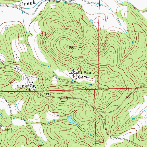 Topographic Map of Saint Pauls Cemetery, MO