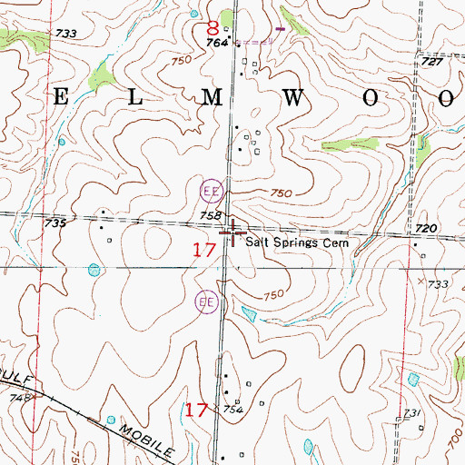 Topographic Map of Salt Springs Cemetery, MO
