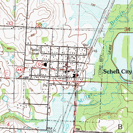Topographic Map of Schell City, MO