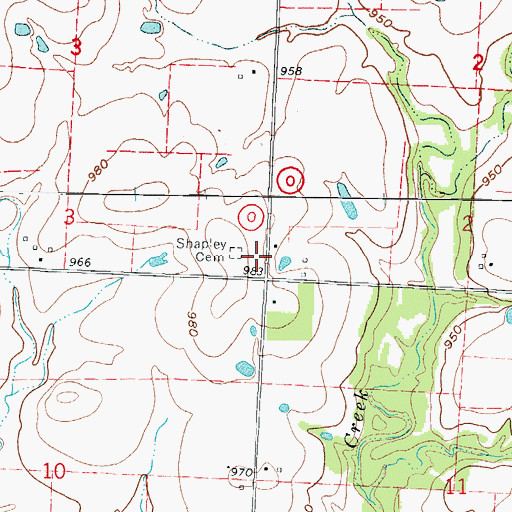 Topographic Map of Shapley Cemetery, MO