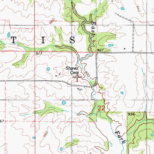 Topographic Map of Shaver Cemetery, MO