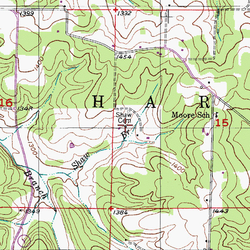 Topographic Map of Shaw Cemetery, MO