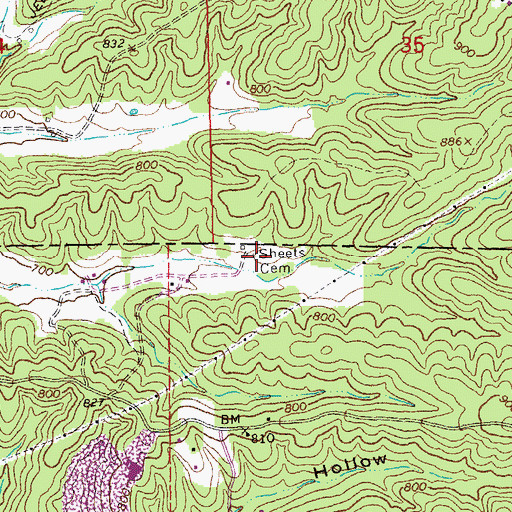 Topographic Map of Sheets Cemetery, MO
