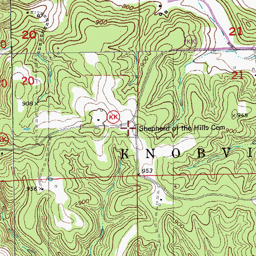 Topographic Map of Shepherd of the Hills Cemetery, MO