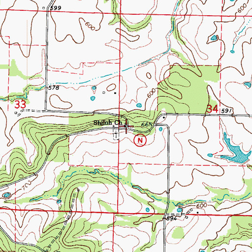 Topographic Map of Shiloh Church, MO