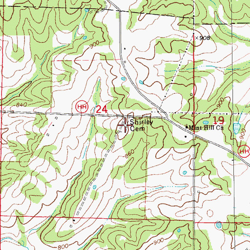 Topographic Map of Shirley Cemetery, MO