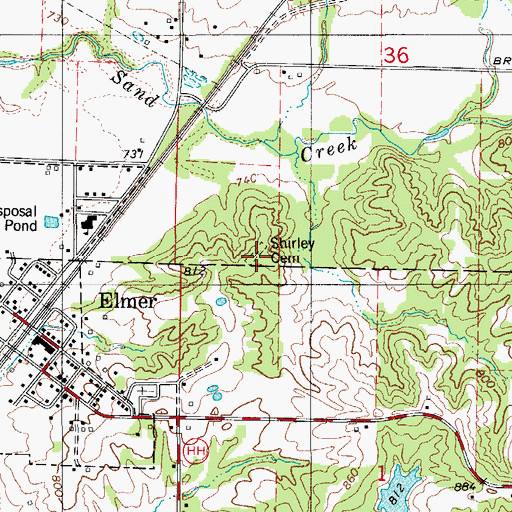 Topographic Map of Shirley Cemetery, MO