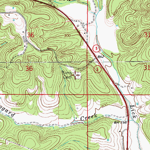 Topographic Map of Sims Cemetery, MO