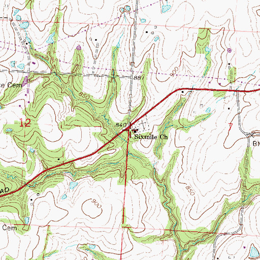 Topographic Map of Sixmile Church, MO