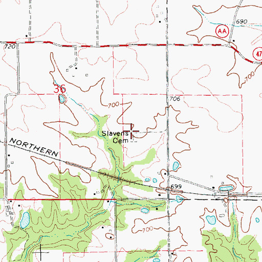 Topographic Map of Slavens Cemetery, MO