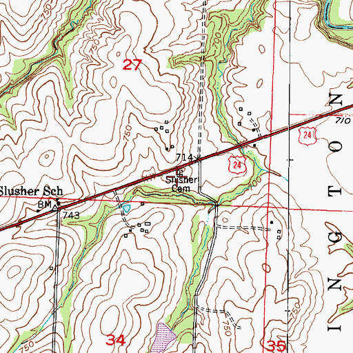 Topographic Map of Slusher Cemetery, MO