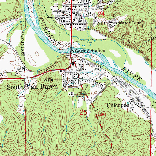 Topographic Map of South Van Buren, MO