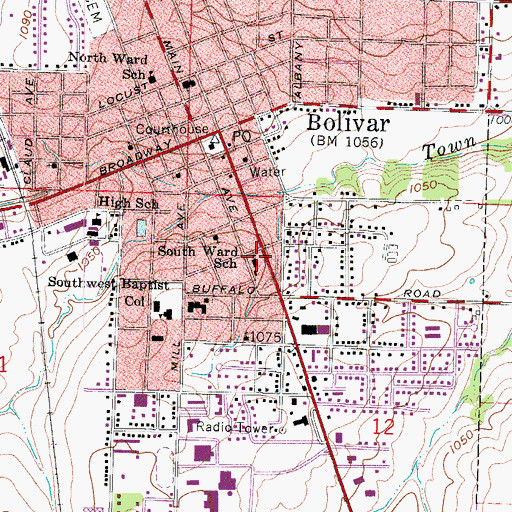 Topographic Map of South Ward School, MO