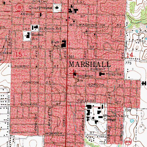 Topographic Map of Southeast Elementary School, MO