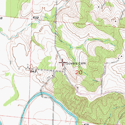 Topographic Map of Sowers Cemetery, MO