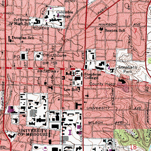 Topographic Map of Stephens College, MO