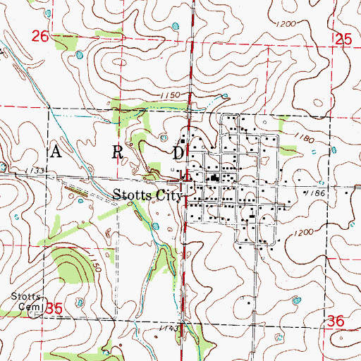 Topographic Map of Stotts City, MO