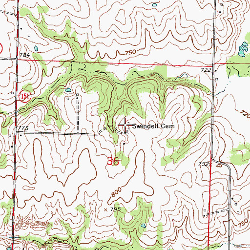 Topographic Map of Swindell Cemetery, MO
