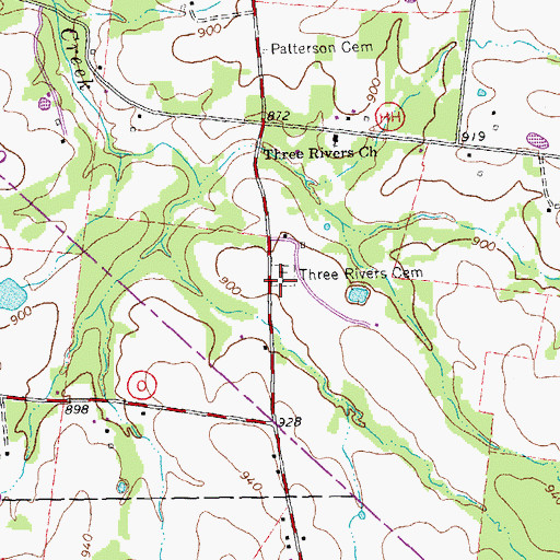 Topographic Map of Three Rivers Cemetery, MO