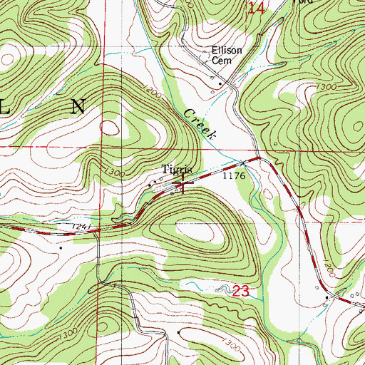 Topographic Map of Tigris, MO
