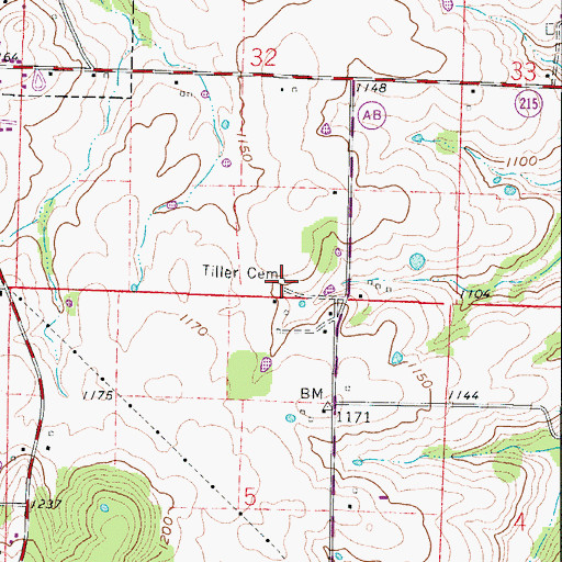 Topographic Map of Tiller Cemetery, MO