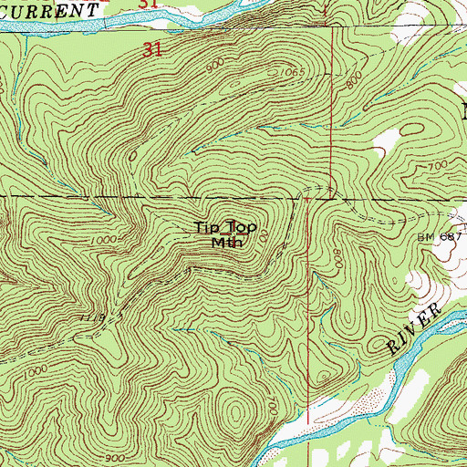 Topographic Map of Tip Top Mountain, MO