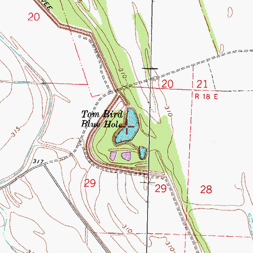 Topographic Map of Tom Bird Blue Hole, MO