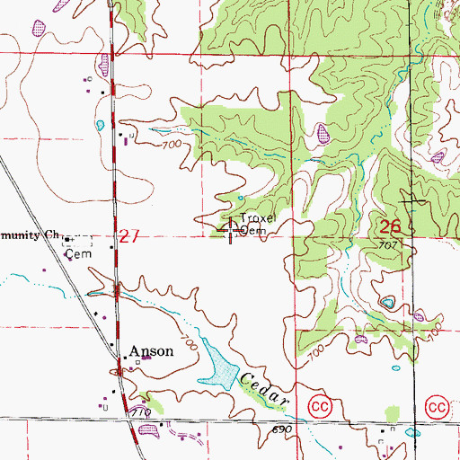 Topographic Map of Troxel Cemetery, MO