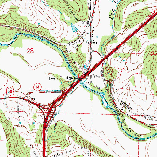 Topographic Map of Twin Bridges, MO