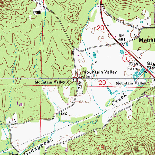 Topographic Map of Mountain Valley Cemetery, AR