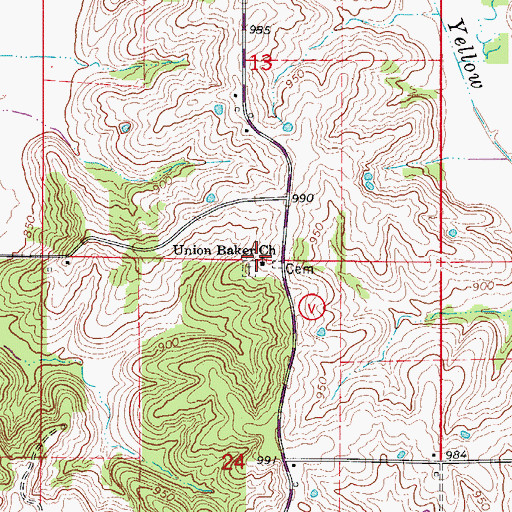 Topographic Map of Union Baker Church, MO