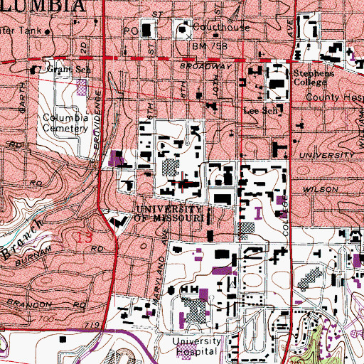 Topographic Map of University of Missouri, MO