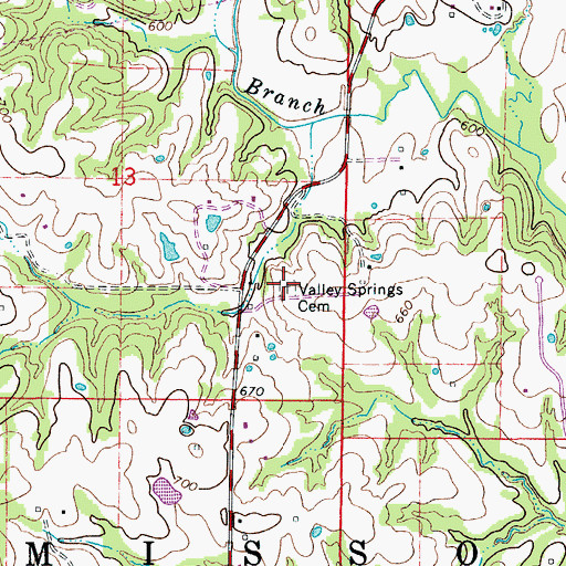 Topographic Map of Valley Springs Cemetery, MO
