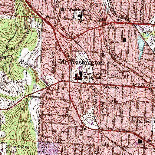 Topographic Map of Van Horn High School, MO