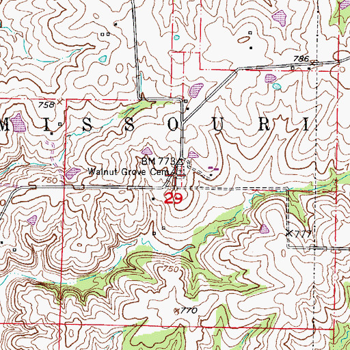 Topographic Map of Walnut Grove Cemetery, MO