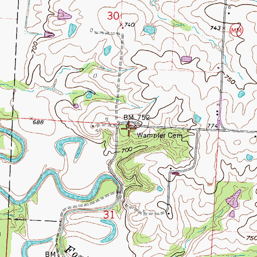 Topographic Map of Wampler Cemetery, MO
