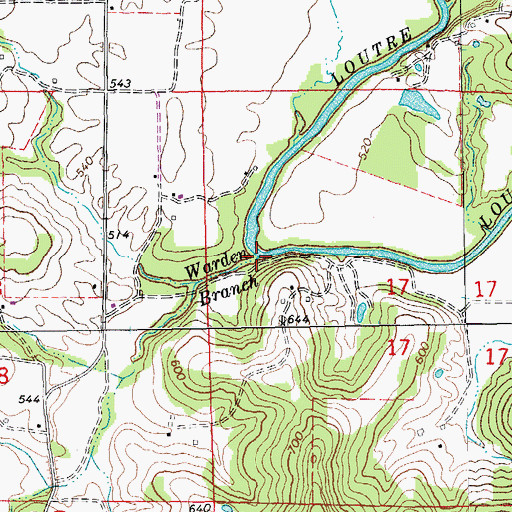 Topographic Map of Warden Branch, MO
