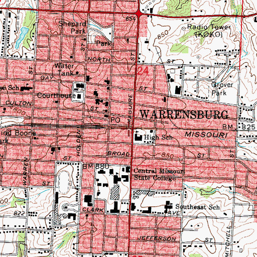 Topographic Map of Warrensburg, MO